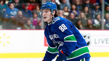 VANCOUVER, BC - APRIL 5: Adam Gaudette #88 of the Vancouver Canucks skates up ice during their NHL game against the Arizona Coyotes at Rogers Arena April 5, 2018 in Vancouver, British Columbia, Canada. (Photo by Jeff Vinnick/NHLI via Getty Images)"n