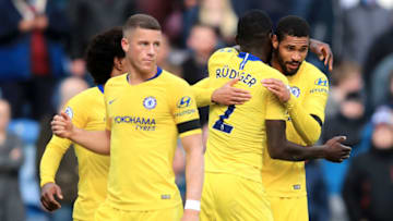 BURNLEY, ENGLAND - OCTOBER 28: Ruben Loftus-Cheek of Chelsea celebrates with teammates Ross Barkley, Antonio Ruediger and Willian after scoring his sides fourth goal during the Premier League match between Burnley FC and Chelsea FC at Turf Moor on October 28, 2018 in Burnley, United Kingdom. (Photo by Chelsea Football Club/Chelsea FC via Getty Images)