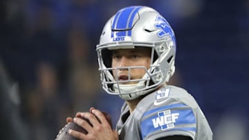 DETROIT, MI - DECEMBER 16: Matthew Stafford #9 of the Detroit Lions warms up before the game against the Chicago Bears at Ford Field on December 16, 2017 in Detroit, Michigan. (Photo by Leon Halip/Getty Images)