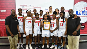 Jr. NBA Global Championship, Canada Girls pose for a group photo after winning the International Championship (Photo by David Dow/NBAE via Getty Images)