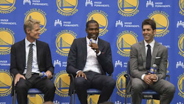 Jul 7, 2016; Oakland, CA, USA; Kevin Durant addresses the media in a press conference after signing with the Golden State Warriors at the Warriors Practice Facility. Mandatory Credit: Kyle Terada-USA TODAY Sports