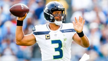 NASHVILLE, TN - SEPTEMBER 24: Quarterback Russell Wilson #3 of the Seattle Seahawks makes a pass against the Tennessee Titans at Nissan Stadium on September 24, 2017 in Nashville, Tennessee. (Photo by Shaban Athuman/Getty Images)
