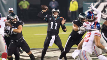 Oct 22, 2020; Philadelphia, Pennsylvania, USA; Philadelphia Eagles quarterback Carson Wentz (11) passes the ball against the New York Giants during the first quarter at Lincoln Financial Field. Mandatory Credit: Bill Streicher-USA TODAY Sports