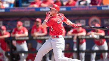 Mar 10, 2016; Port St. Lucie, FL, USA; St. Louis Cardinals right fielder Jeremy Hazelbaker (91) connects for a double during a spring training game against the New York Mets at Tradition Field. Mandatory Credit: Steve Mitchell-USA TODAY Sports