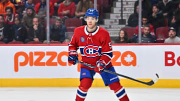 MONTREAL, CANADA - OCTOBER 20: Jordan Harris #54 of the Montreal Canadiens skates against the Arizona Coyotes during the third period at Centre Bell on October 20, 2022 in Montreal, Quebec, Canada. The Montreal Canadiens defeated the Arizona Coyotes 6-2. (Photo by Minas Panagiotakis/Getty Images)