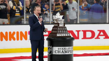 BOSTON, MA - JUNE 12: NHL commissioner Gary Bettman and the Conn Smythe trophy after Game 7 of the Stanley Cup Final between the Boston Bruins and the St. Louis Blues on June 12, 2019, at TD Garden in Boston, Massachusetts. (Photo by Fred Kfoury III/Icon Sportswire via Getty Images)