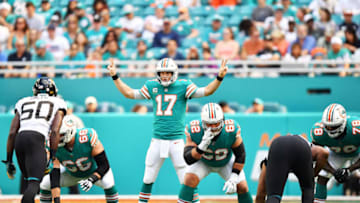 MIAMI, FLORIDA - DECEMBER 23: Ryan Tannehill #17 of the Miami Dolphins calls a play in the first quarter against the Jacksonville Jaguars at Hard Rock Stadium on December 23, 2018 in Miami, Florida. (Photo by Mark Brown/Getty Images)