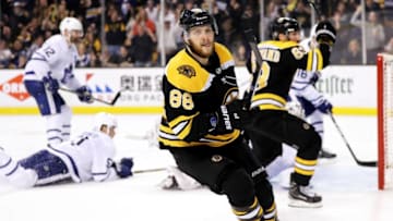 David Pastrnak #88 of the Boston Bruins celebrates after scoring a goal against the Toronto Maple Leafs during the third period of Game Seven of the Eastern Conference First Round in the 2018 Stanley Cup play-offs at TD Garden. (Photo by Maddie Meyer/Getty Images)