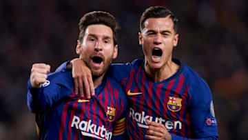 BARCELONA, SPAIN - APRIL 16: Lionel Messi of Barcelona celebrates his firts goal during the UEFA Champions League Quarter Final second leg match between FC Barcelona and Manchester United at Camp Nou on April 16, 2019 in Barcelona, Spain. (Photo by Quality Sport Images/Getty Images)