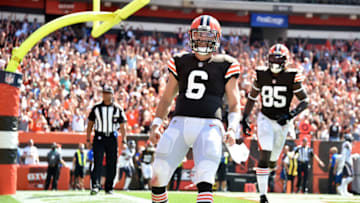 CLEVELAND, OHIO - SEPTEMBER 19: Quarterback Baker Mayfield #6 of the Cleveland Browns celebrates after running for a touchdown during the first half in the game against the Houston Texans at FirstEnergy Stadium on September 19, 2021 in Cleveland, Ohio. (Photo by Jason Miller/Getty Images)