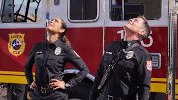 9-1-1: LONE STAR: L-R: Gina Torres and Rob Lowe in the ÒBack in the SaddleÓ season premiere episode of 9-1-1: LONE STAR airing Monday, Jan. 18 (9:01-10:00 PM ET/PT) on FOX. © 2021 Fox Media LLC. CR: Kevin Estrada/FOX.