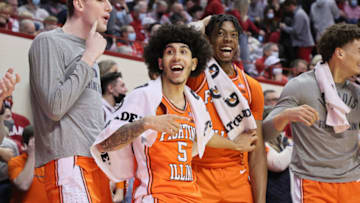 BLOOMINGTON, INDIANA - FEBRUARY 05: Andre Curbello #5 of the Illinois Fighting Illini celebrates during the game against the Indiana Hoosiers at Simon Skjodt Assembly Hall on February 05, 2022 in Bloomington, Indiana. (Photo by Andy Lyons/Getty Images)