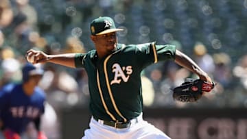 OAKLAND, CA - SEPTEMBER 08: Edwin Jackson #37 of the Oakland Athletics pitches against the Texas Rangers in the first inning at Oakland Alameda Coliseum on September 8, 2018 in Oakland, California. (Photo by Ezra Shaw/Getty Images)
