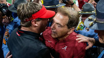 Alabama head coach Nick Saban greets Georgia head coach Kirby Smart after beating him in the SEC Championship Game at Mercedes Benz Stadium in Atlanta, Ga., on Saturday December 1, 2018.Sec20