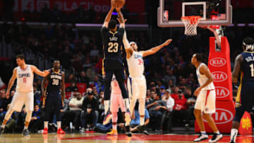 LOS ANGELES, CA - JANUARY 14: New Orleans Pelicans Forward Anthony Davis (23) shoots over Los Angeles Clippers Forward Tobias Harris (34) during a NBA game between the New Orleans Pelicans and the Los Angeles Clippers on January 14, 2019 at STAPLES Center in Los Angeles, CA. (Photo by Brian Rothmuller/Icon Sportswire via Getty Images)