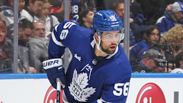 TORONTO, CANADA - APRIL 8: Erik Gustafsson #56 of the Toronto Maple Leafs skates with the puck against the Montreal Canadiens during an NHL game at Scotiabank Arena on April 8, 2023 in Toronto, Ontario, Canada. The Maple Leafs defeated the Canadiens 7-1.(Photo by Claus Andersen/Getty Images)