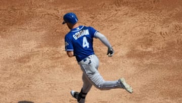CHICAGO, IL - AUGUST 19: Alex Gordon #4 of the Kansas City Royals runs the bases after hitting a home run against the Chicago White Sox during the second inning on August 19, 2018 at Guaranteed Rate Field in Chicago, Illinois. (Photo by David Banks/Getty Images)