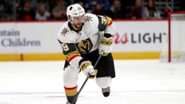 DENVER, CO - SEPTEMBER 19: Tomas Hyka #38 of the Vegas Golden Knighhts advances the puck against the Colorado Avalanche at the Pepsi Center on September 19, 2017 in Denver, Colorado. (Photo by Matthew Stockman/Getty Images)