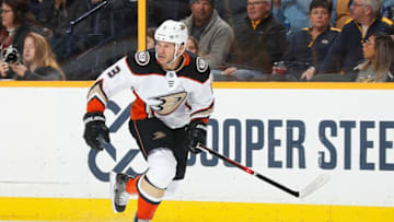 NASHVILLE, TN - MARCH 8: Kevin Bieksa #3 of the Anaheim Ducks skates against the Nashville Predators during an NHL game at Bridgestone Arena on March 8, 2018 in Nashville, Tennessee. (Photo by John Russell/NHLI via Getty Images)