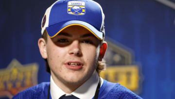 NASHVILLE, TENNESSEE - JUNE 28: Zach Benson speaks to the media after being selected by the Buffalo Sabres with the 13th overall pick during round one of the 2023 Upper Deck NHL Draft at Bridgestone Arena on June 28, 2023 in Nashville, Tennessee. (Photo by Jason Kempin/Getty Images)