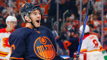 Edmonton Oilers Forward Derek Ryan, #10, celebrates goal against Calgary Flames Mandatory Credit: Perry Nelson-USA TODAY Sports