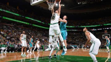 BOSTON, MA - OCTOBER 2: Daniel Theis #27 of the Boston Celtics grabs the rebound against the Charlotte Hornets during a preseason game on October 2, 2017 at the TD Garden in Boston, Massachusetts. NOTE TO USER: User expressly acknowledges and agrees that, by downloading and or using this photograph, User is consenting to the terms and conditions of the Getty Images License Agreement. Mandatory Copyright Notice: Copyright 2017 NBAE (Photo by Brian Babineau/NBAE via Getty Images)