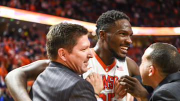 January 13, 2016: Clemson head coach Brad Brownell hugs Landry Nnoko (35) following a victory over the Duke Blue Devels at the Bon Secours Wellness Arena in Greenville, SC. (photograph by Doug Buffington/ Icon Sportswire) (Photo by Doug Buffington/Icon Sportswire/Corbis via Getty Images)