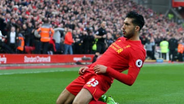March 12th 2017, Liverpool, Merseyside, England; EPL Premier league football, Liverpool versus Burnley; Emre Can of Liverpool celebrates his goal which gives his side a 2-1 lead (Photo by David Blunsden/Action Plus via Getty Images)