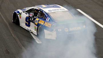 CHARLOTTE, NORTH CAROLINA - SEPTEMBER 29: Chase Elliott, driver of the #9 NAPA Auto Parts Chevrolet, celebrates after winning the Monster Energy NASCAR Cup Series Bank of America ROVAL 400 at Charlotte Motor Speedway on September 29, 2019 in Charlotte, North Carolina. (Photo by Brian Lawdermilk/Getty Images)