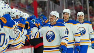 Nov 4, 2022; Raleigh, North Carolina, USA; Buffalo Sabres defenseman Jacob Bryson (78) celebrates his goal against the Carolina Hurricanes during the first period at PNC Arena. Mandatory Credit: James Guillory-USA TODAY Sports