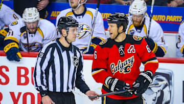 Jan 27, 2016; Calgary, Alberta, CAN; Calgary Flames defenseman Dennis Wideman (6) against the Nashville Predators during the second period at Scotiabank Saddledome. Nashville Predators won 2-1. Mandatory Credit: Sergei Belski-USA TODAY Sports