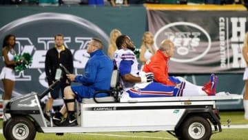 Sep 22, 2013; East Rutherford, NJ, USA; Buffalo Bills defensive end Alex Carrington (92) leaves the field on a cart during the fourth quarter against the New York Jets at MetLife Stadium. Mandatory Credit: Anthony Gruppuso-USA TODAY Sports