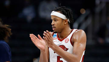 Arkansas Razorbacks wing Moses Moody reacts in-game. (Photo by Tim Nwachukwu/Getty Images)