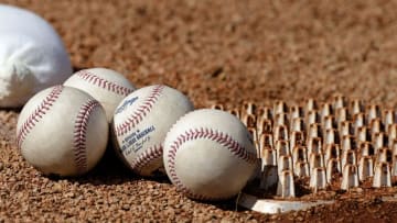 Feb 19, 2016; Kissimmee, FL, USA; A stack of baseballs sit on the pitching mound at Osceola County Stadium. Mandatory Credit: Jonathan Dyer-USA TODAY Sports