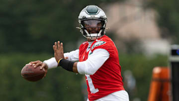 Jul 29, 2021; Philadelphia, PA, USA; Philadelphia Eagles quarterback Jalen Hurts (1) throws the ball during training camp at NovaCare Complex. Mandatory Credit: Bill Streicher-USA TODAY Sports