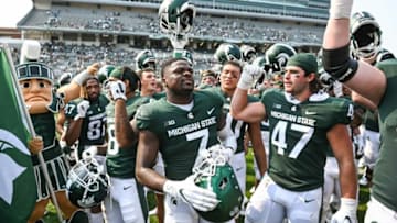 Michigan State celebrates their victory over Youngstown State after the game on Saturday, Sept. 11, 2021, at Spartan Stadium in East Lansing.210911 Msu Youngstown Fb 323a