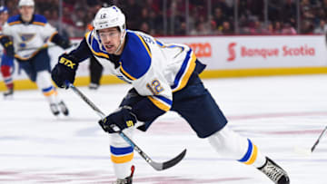 MONTREAL, QC - OCTOBER 17: St. Louis Blues left wing Zach Sanford (12) skates towards the play during the St. Louis Blues versus the Montreal Canadiens game on October 17, 2018, at Bell Centre in Montreal, QC (Photo by David Kirouac/Icon Sportswire via Getty Images)