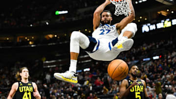 SALT LAKE CITY, UTAH - DECEMBER 09: Rudy Gobert #27 of the Minnesota Timberwolves dunks during the second half of a game against the Utah Jazz at Vivint Arena on December 09, 2022 in Salt Lake City, Utah. NOTE TO USER: User expressly acknowledges and agrees that, by downloading and or using this photograph, User is consenting to the terms and conditions of the Getty Images License Agreement. (Photo by Alex Goodlett/Getty Images)