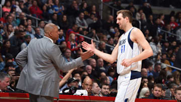 LOS ANGELES, CA - FEBRUARY 25: Head Coach Doc Rivers of the LA Clippers and Dirk Nowitzki #41 of the Dallas Mavericks high-five on February 25, 2019 at STAPLES Center in Los Angeles, California. NOTE TO USER: User expressly acknowledges and agrees that, by downloading and/or using this Photograph, user is consenting to the terms and conditions of the Getty Images License Agreement. Mandatory Copyright Notice: Copyright 2019 NBAE (Photo by Adam Pantozzi/NBAE via Getty Images)
