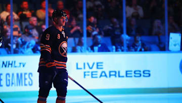 BUFFALO, NY - OCTOBER 28: Jack Eichel #9 of the Buffalo Sabres warms up prior to an NHL game against the Arizona Coyotes on October 28, 2019 at KeyBank Center in Buffalo, New York. (Photo by Bill Wippert/NHLI via Getty Images)