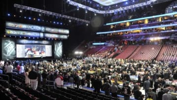 Jun 26, 2015; Sunrise, FL, USA; A general view of the stage and draft room floor before the first round of the 2015 NHL Draft at BB&T Center. Mandatory Credit: Steve Mitchell-USA TODAY Sports