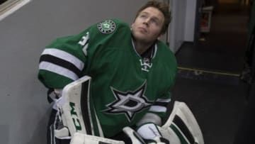 Jan 9, 2016; Dallas, TX, USA; Dallas Stars goalie Kari Lehtonen (32) looks on during the third period against the Minnesota Wild at American Airlines Center. The Wild won 2-1. Mandatory Credit: Jerome Miron-USA TODAY Sports