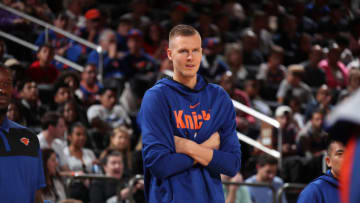 NEW YORK, NY - SEPTEMBER 29: Kristaps Porzingis #6 of the New York Knicks looks on during their Open Practice on September 29, 2018 at Madison Square Garden in New York City, New York. NOTE TO USER: User expressly acknowledges and agrees that, by downloading and or using this photograph, User is consenting to the terms and conditions of the Getty Images License Agreement. Mandatory Copyright Notice: Copyright 2018 NBAE (Photo by Nathaniel S. Butler/NBAE via Getty Images)