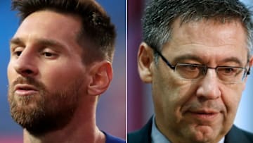 (COMBO) This combination of file pictures created on September 4, 2020 shows Barcelona's Argentinian forward Lionel Messi (L) during the UEFA Champions League quarter-final football match between Barcelona and Bayern Munich at the Luz stadium in Lisbon on August 14, 2020 and FC Barcelona's president Josep Maria Bartomeu attending a press conference at the Joan Gamper Sports Center in Sant Joan Despi, on April 27, 2018. - Lionel Messi said on September 4, 2020 he will stay at Barcelona but only because the club's president Josep Maria Bartomeu broke his word to let him leave. Messi's stinging attack on Bartomeu and the club means his future still remains in doubt. (Photos by Manu Fernandez and Pau Barrena / AFP) (Photo by MANU FERNANDEZ,PAU BARRENA/AFP via Getty Images)