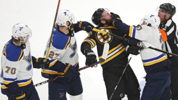 BOSTON, MASSACHUSETTS - MAY 29: David Backes #42 of the Boston Bruins and Alexander Steen #20 of the St. Louis Blues mix it up after the whistle in response to the injury to Matt Grzelcyk #48 (not pictured) during the first period in Game Two of the 2019 NHL Stanley Cup Final at TD Garden on May 29, 2019 in Boston, Massachusetts. (Photo by Patrick Smith/Getty Images)