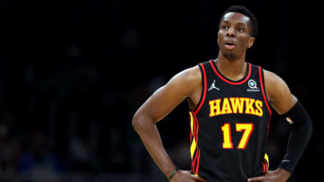 BOSTON, MASSACHUSETTS - MARCH 01: Onyeka Okongwu #17 of the Atlanta Hawks looks on during the game against the Boston Celtics at TD Garden on March 01, 2022 in Boston, Massachusetts. NOTE TO USER: User expressly acknowledges and agrees that, by downloading and or using this photograph, User is consenting to the terms and conditions of the Getty Images License Agreement. (Photo by Maddie Meyer/Getty Images)