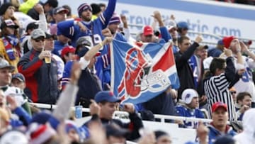 Nov 17, 2013; Orchard Park, NY, USA; Buffalo Bills fans celebrate a touchdown by the team during the first half against the New York Jets at Ralph Wilson Stadium. Mandatory Credit: Kevin Hoffman-USA TODAY Sports