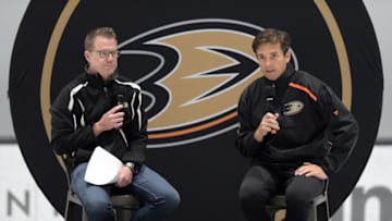 IRVINE, CA - JUNE 29: Head Coach Dallas Eakins does a question and answer session with host Kent French in front of fans after an Anaheim Ducks Development Camp held on June 29, 2019 at FivePoint Arena at the Great Park Ice in Irvine, CA. (Photo by John Cordes/Icon Sportswire via Getty Images)