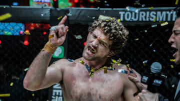 SHANGHAI, CHINA - SEPTEMBER 02: Ben Askren celebrates his win against Zebaztian Kadestam during ONE Championship: Shanghai at the Shanghai Oriental Sports Center on September 02, 2017 in Shanghai, China. (Photo by Dux Carvajal/ONE Championship/Getty Images)