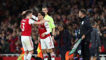 LONDON, ENGLAND - SEPTEMBER 24: Kieran Tierney is replaced by Hector Bellerin of Arsenal during the Carabao Cup Third Round match between Arsenal and Nottingham Forest at Emirates Stadium on September 24, 2019 in London, England. (Photo by James Williamson - AMA/Getty Images)